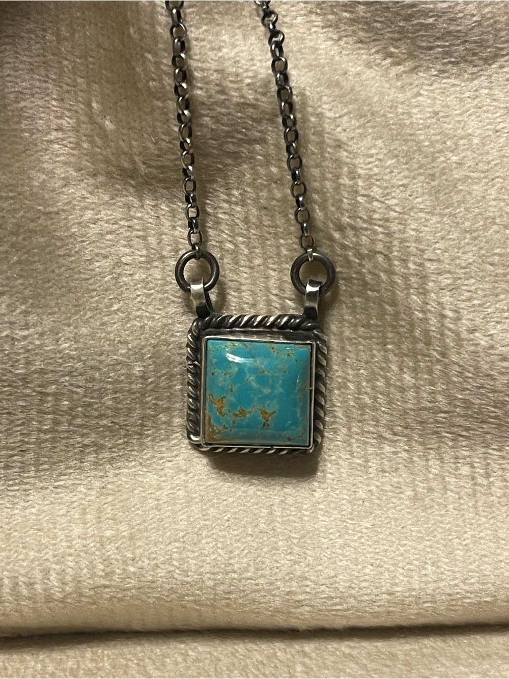 Native Made Stamped “J” Sterling Silver Kingman Turquoise Square Necklace